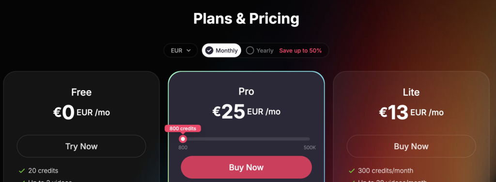 Pollo AI pricing plans Free Lite Pro and Business with monthly credits.